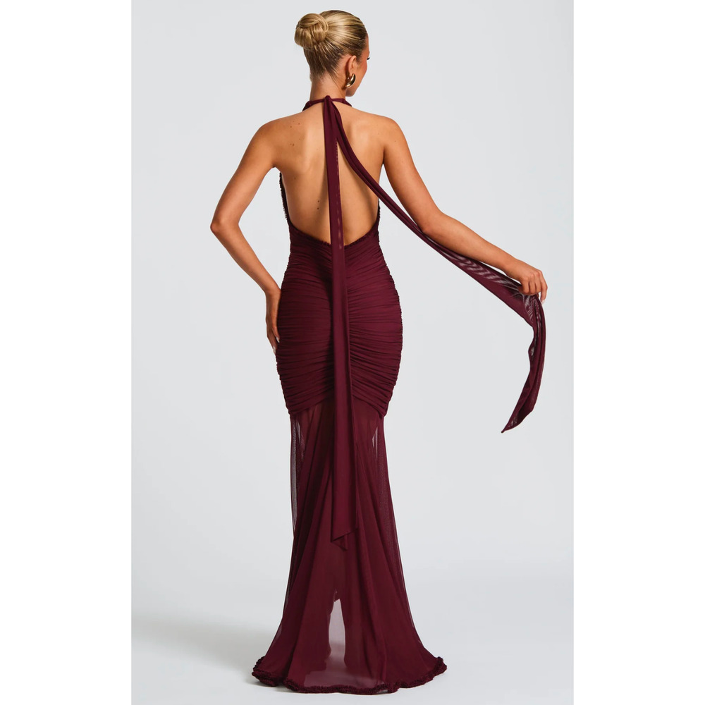 Plunge Halter Burgundy Mini Dress - Picture 3 of 6